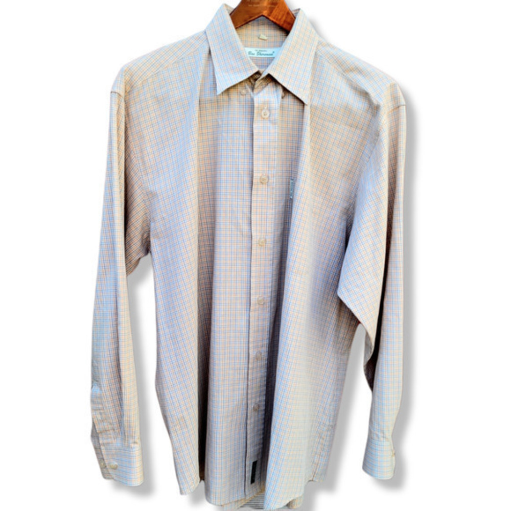 Ben Sherman Orange Blue Plaid, Long Sleeve Button Down Preppy Shirt‎
